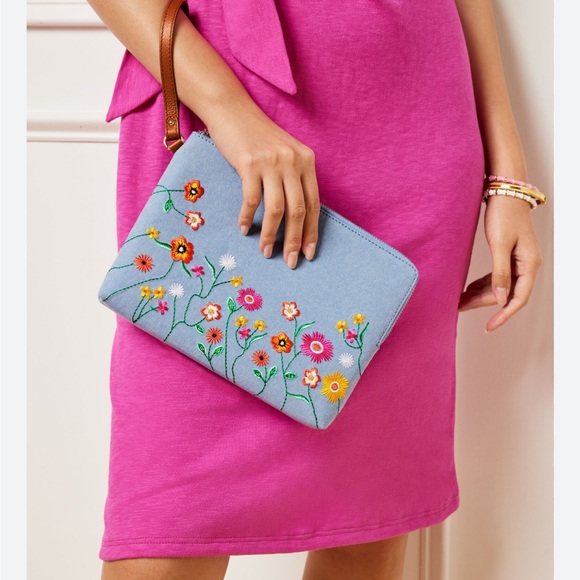 Talbots Floral Embroidered Denim Wrislet Clutch - like new! - Picture 2 of 10